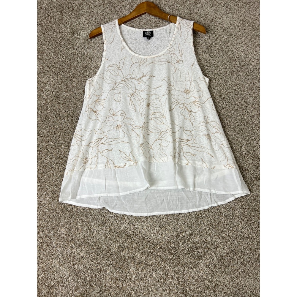 Bobeau Womens XL White Tan Floral Tank Top High Low Sheer Hem Sleeveless Blouse